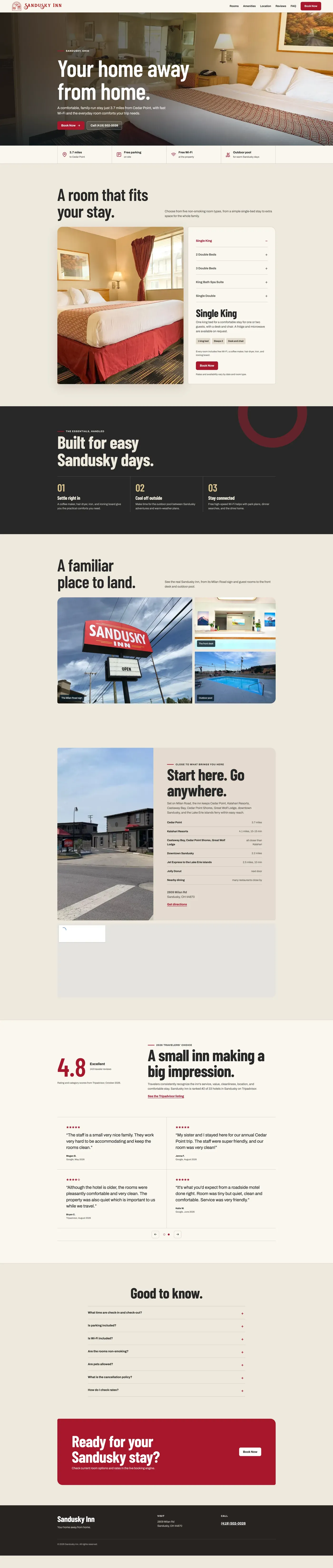 The new Sandusky Inn home page: a full-width room photo, quick facts, rooms, amenities, location and a booking path.