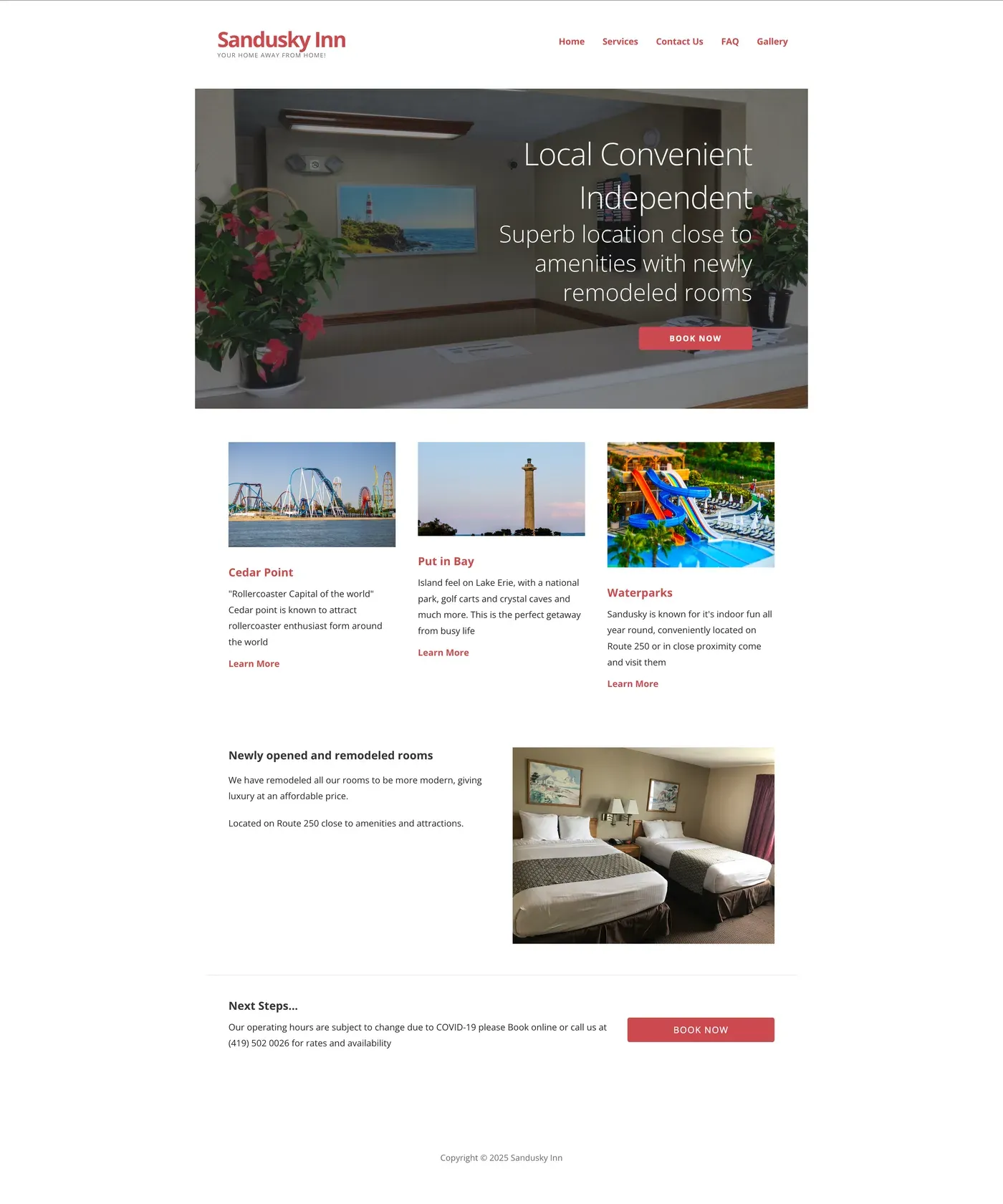 The old Sandusky Inn home page: a red logo, a photo banner and three columns of text.