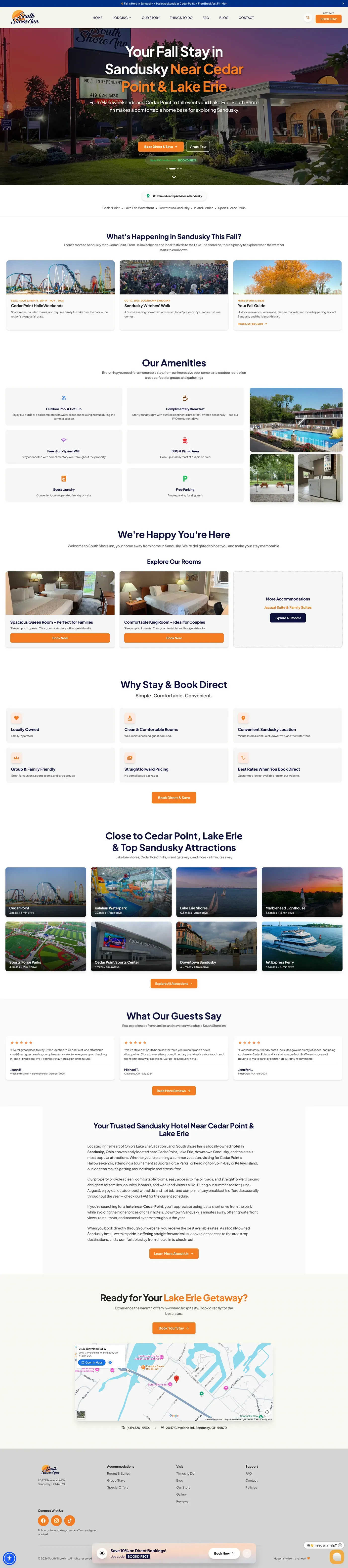 The new South Shore Inn home page, a full-width hero with booking buttons and the sections below it.