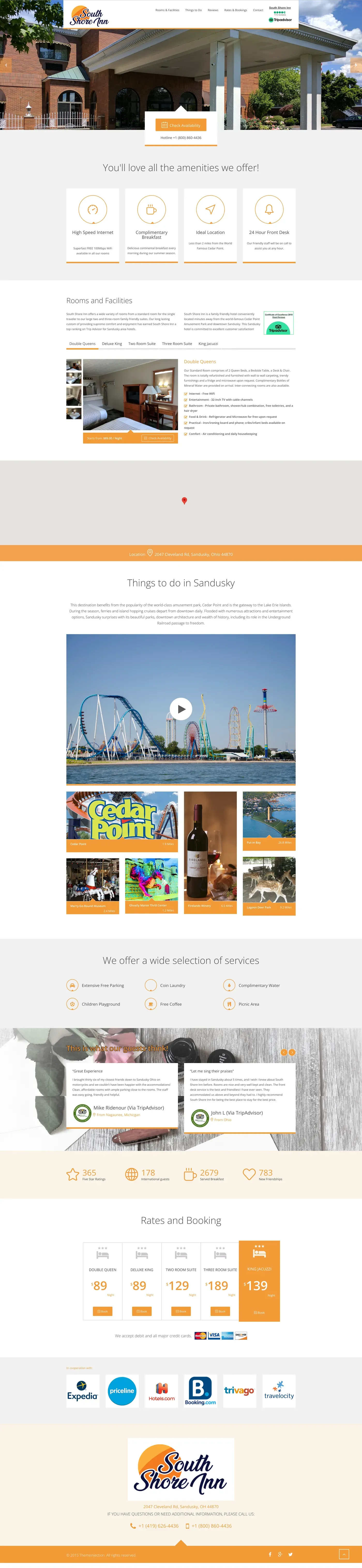 The old South Shore Inn home page, a photo slider with a booking box and rows of amenities.